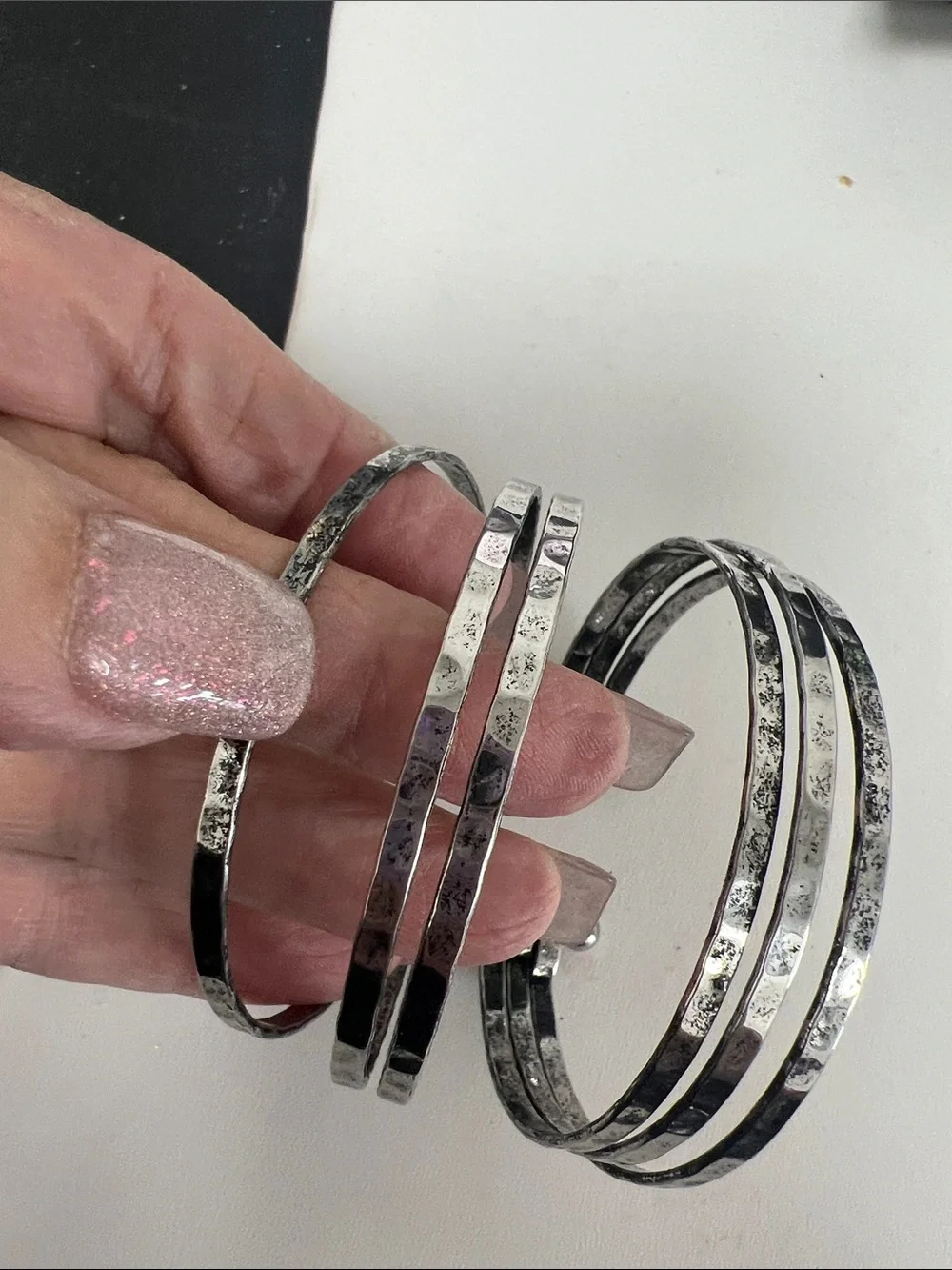 Silver Tone Hammered Multi-Bangle Bracelet Set